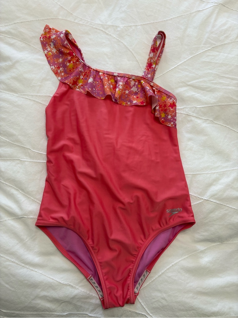 Speedo Girls' Coral Pink One-Shoulder Ruffle Star Swimsuit
